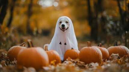 Asset Dog wearing a ghost costume sitting between pumpkins for Halloween.