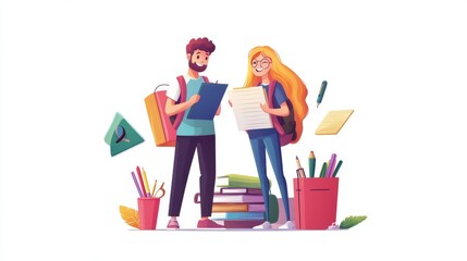 Asset Education Concept with Tiny Male and Female Characters with School Stationery, College or University Students Back to School Knowledge Poster Banner Flyer Brochure. 