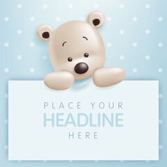 3D vector with cute bear doll with holding empty blank banner on polka dot blue background for baby birthday greeting card, sign, social media. Place for text, blank banner. vector illustration