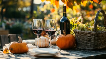 Asset Fall table decoration with pumpkins, wine. Family thanksgiving dinner arrangement outdoors in the garden. Countryside style, simple handmade setting, autumn mood