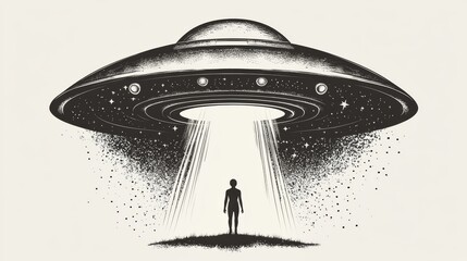 Asset Fantastic Alien Spaceship. UFO abduction of a human with flying saucer icon. Conspiracy theory concept, tattoo art. Isolated vector illustration.