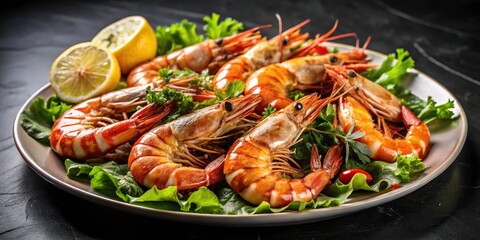 Grilled Jumbo Shrimps served with fresh salad and lemon on a white plate and black background Extreme Close-Up