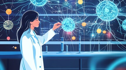 Asset Female scientist in lab coat checking artificial neurons connected into neural network. Computational neuroscience, machine learning, scientific research. 