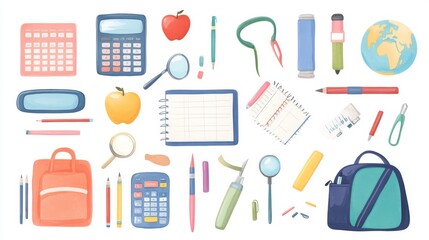 Asset Flat design of school supplies. Calculator, apple, magnifier, eraser, pens, brush, scissors, ruler, notebook, backpack, globe, watercolor.