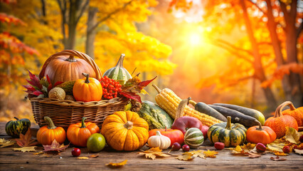 Autumn background with pumpkins, leaves and bokeh lights. Thanksgiving background.