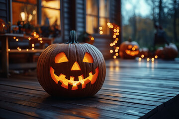 Fototapeta premium Jack-o'-Lantern on Porch with Festive Lights in the Evening