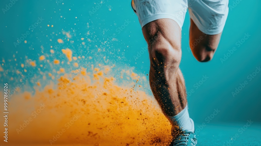 Wall mural an action shot capturing a runner in white shorts and sneakers in mid-stride, with orange powder bur