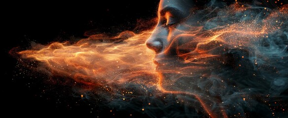 A powerful depiction of a woman's passion and desires, set ablaze, encapsulates her love and suffering, creating an evocative image that speaks to the soul.