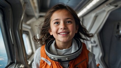Portrait of smiling little girl in an astronaut suit looking at the camera