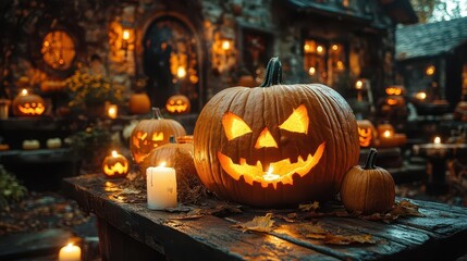 rustic wooden table adorned with carved pumpkins warm candlelight casts spooky shadows autumnal ambiance halloween decorations create festive glow cozy seasonal display