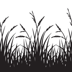 Field with cereals, grass and wild herbs. Vector isolated silhouette of grain plants meadow.  Horizontal border.