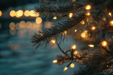 Close-up of a Pine Branch with Festive Lights