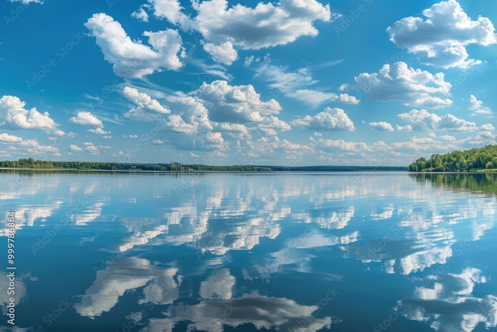 Poster a picture of a calm ocean with clouds in the sky, perfect for use as a background or to represent na