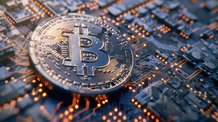 Bitcoin Cryptocurrency Coin on Circuit Board