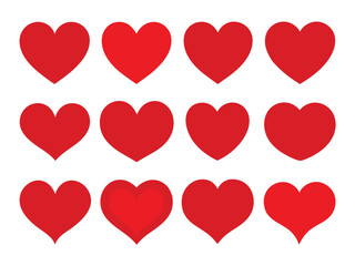 Set of Red Heart Flat Cartoon Icons. Romantic Abstract Symbols in Various Shapes for Valentine's Day.
