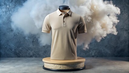Mock up 3D beige polo shirt on a black background podium with light smoke