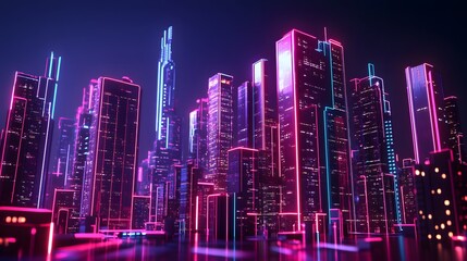Fototapeta premium Smart city 3D neon glowing cityscape. Intelligent building automation night futuristic business concept. Web online vivid color cyberpunk retrowave. Urban technology banner vector illustration. 