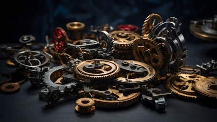 A Collection of Intricate Clockwork Gears and Mechanisms Scattered on a Dark Surface
