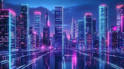 Smart city 3D neon glowing cityscape. Intelligent building automation night futuristic business concept. Web online vivid color cyberpunk retrowave. Urban technology banner vector illustration. 