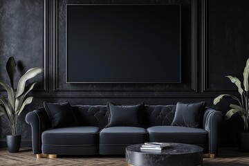 Mock-up poster frame in dark classic interior background, modern style,3d render