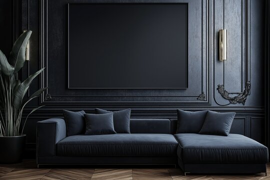 Mock-up poster frame in dark classic interior background, modern style,3d render