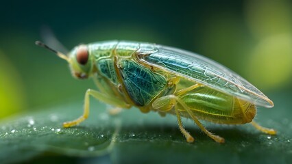 Naklejka premium Close-up of a Vibrant Green Insect Perched on a Leaf in a Lush Forest During Sunlight