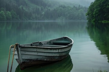 Obraz premium A small boat sits peacefully on the surface of a calm lake
