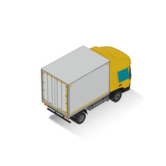 3D Isometric Cargo Truck Half Tone Vector Illustration Modern Yellow Cabine and White Van City Delivery Vehicle 4x2 Design for Logistics and Transport Presentation Social Media Video Promo Back Right