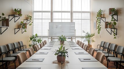 a meeting room with a long conference