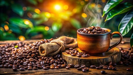 Freshly brewed coffee fills a rustic mug, surrounded by scattered coffee beans and earthy natural elements, enhancing
