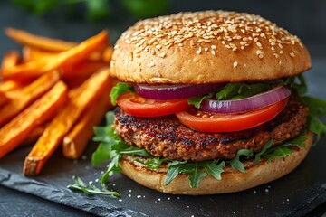 Striking Image of Vegan Burger Overflowing with Fresh Toppings, on Rustic Slate Plate with Sweet Potato Fries