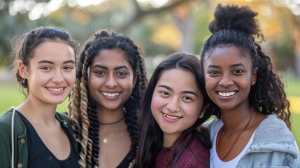 Fototapeta premium Friendly young women of various ethnicities, standing closely together and smiling