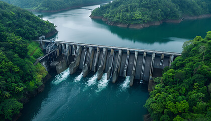 Aerial view of a hydroelectric dam with water flowing through spillways, surrounded by lush greenery, symbolizing renewable energy and sustainable power generation