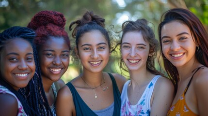 Group of diverse young women, all smiling and standing closely