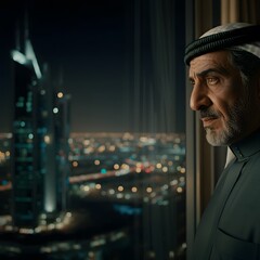 Portrait of Successful arabian Businessman in a modern arabic city looking at the window