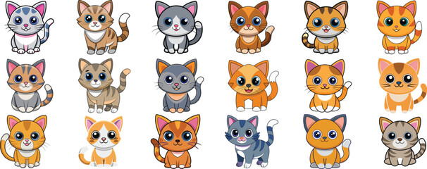 Cute and funny collection of different cat breeds. Vector illustrations of lovely fluffy pets
