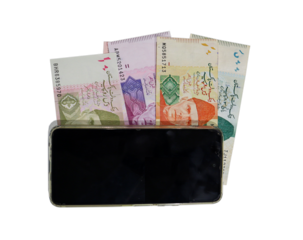Pakistani currency bank notes aligned under mobile phone horizontally in sequence 10 20 50 100 500, Pakistan State Bank official currency notes isolated on transparent background cutout png