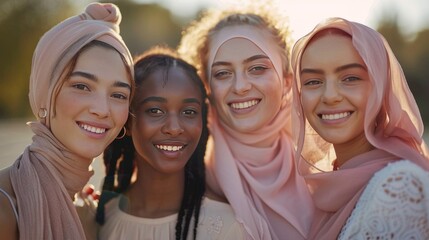 Fototapeta premium Group of diverse young women smiling and standing closely together, showcasing different ethnic traits