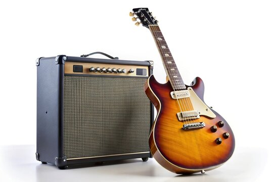 guitar and amplifier isolated on white background with fisheye effect