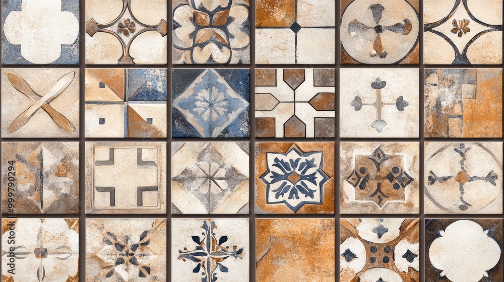 Poster a seamless pattern of colorful and intricate square tiles with various geometric and floral designs.