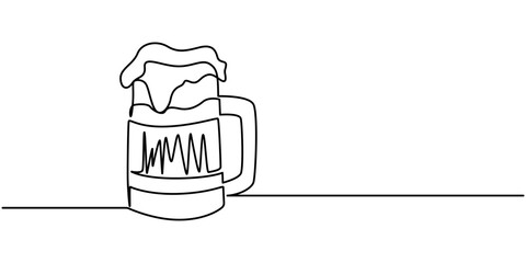 Continuous Line Drawing of Craft Beer Icon. Hand Drawn Symbol Vector Illustration, Doodle modern illustration of beer glass with foam. Simple linear style for bar and pub concept. Oktoberfest equipmen