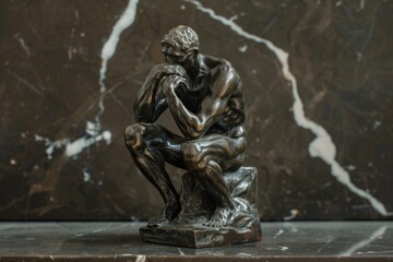 A person sitting on a decorative marble table, often used in museums or exhibitions