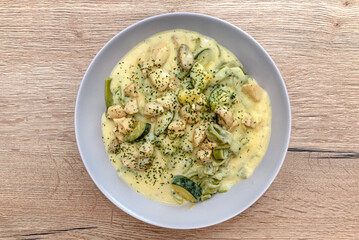 Green tagliatelle pasta with cooked chicken in cream sauce, lying on a plate.