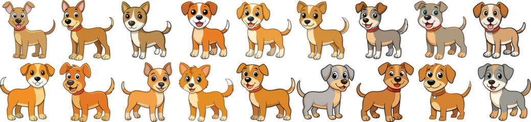 Cartoon dog pets. Cute little puppies, adorable dogs with different breeds and sizes. Home funny animals characters with happy muzzles. Dachshund, shepherd, Jack Russell. Vector set.