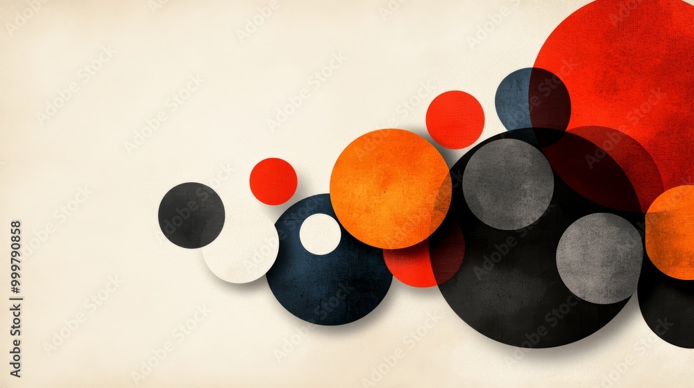 Poster abstract background with colorful circles in various sizes and shades, overlapping on a textured bei