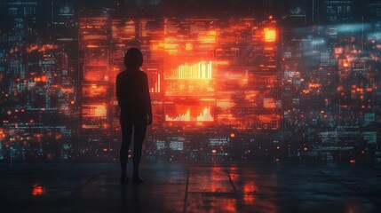 Fototapeta premium silhouette of person presenting data visualization on futuristic holographic screen glowing charts and graphs float in dimly lit hightech environment