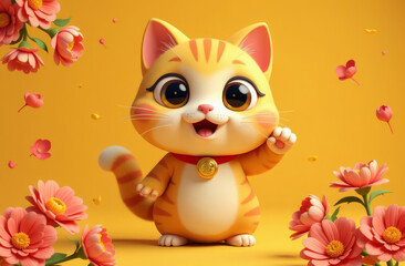 Fototapeta premium Cute cartoon picture of maneki-neko or beckoning cat on a yellow background with pink flowers.