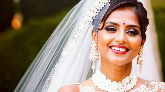 radiant Indian bride in a white wedding dress and traditional jewelry, smiling joyfully. Her attire combines cultural and modern elements