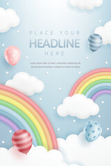 3D vector. cute colorful rainbow with balloon in the blue sky background for kid banner, children day card, birthday party, baby shower, online shop, sale promotion, baby fair, social media wallpaper