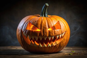 Halloween pumpkin with sharp teeth and furrowed brows, shot at a wide angle